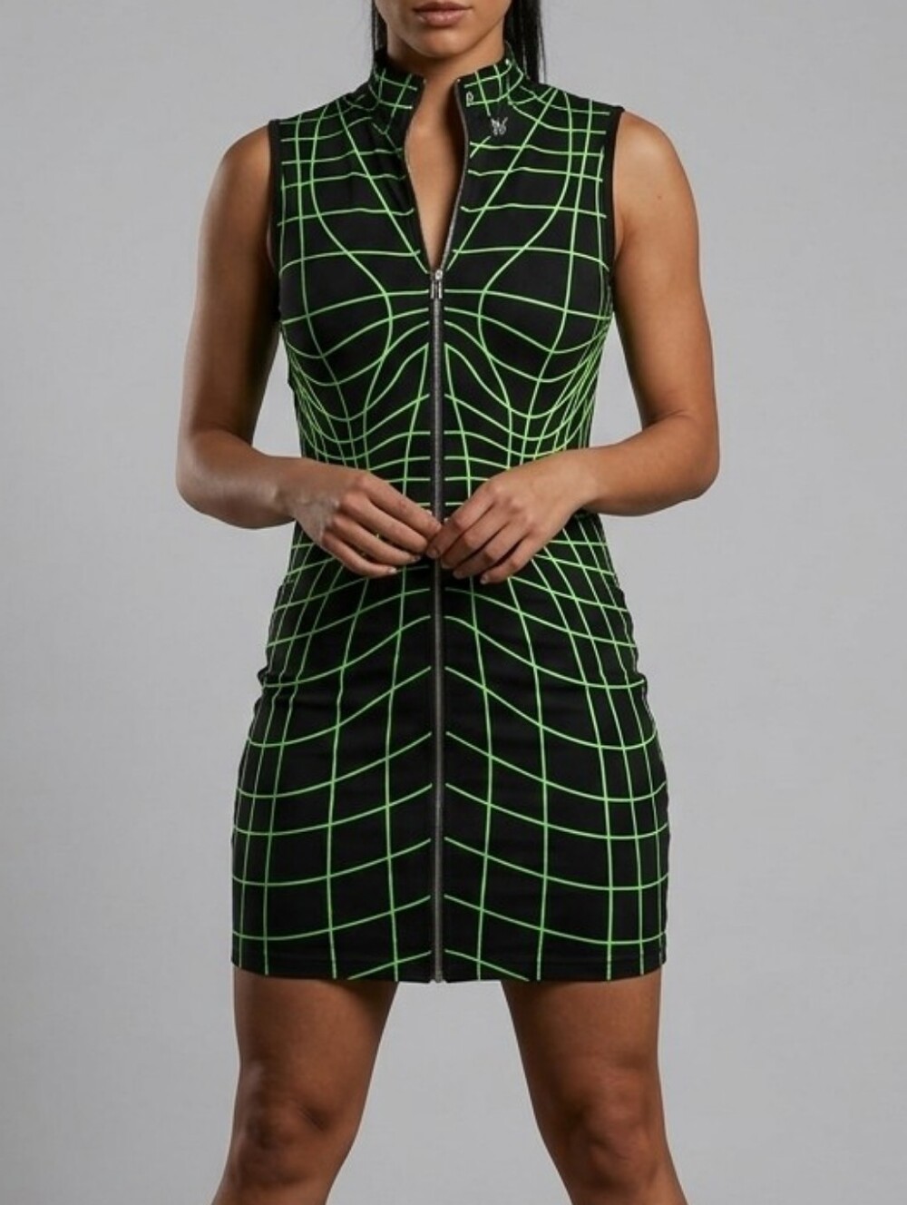 Shane Justin Neon Green Black Grid Optical Illusion Zip Bodycon Mini Dress M